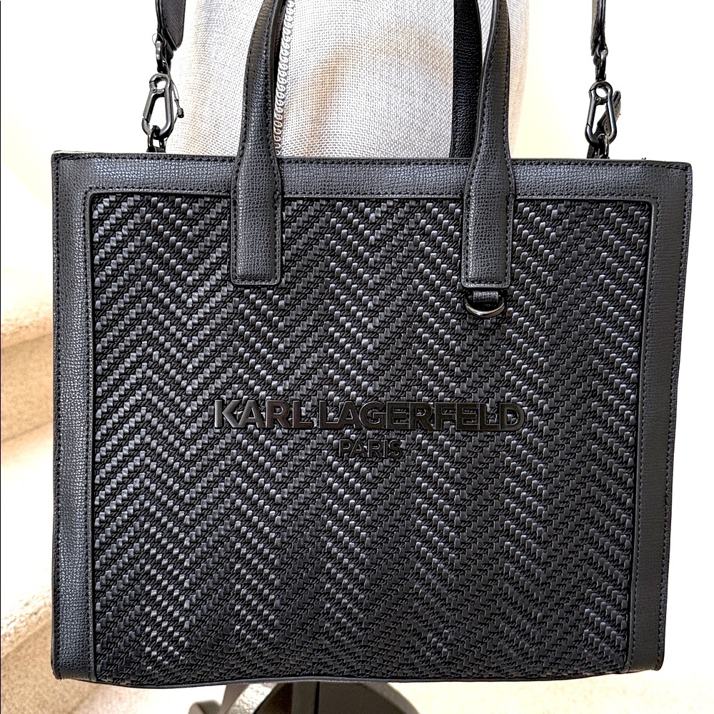 Karl Lagerfeld Paris Stitched Chrevon Black tote/crossbody bag. - Picture 6 of 15